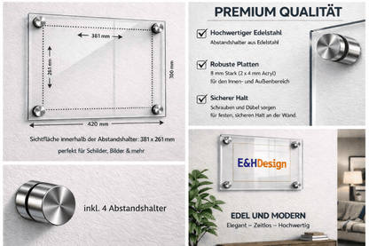 EHDesign  Tür & Wandschild aus transparentem Acrylglas 30 x 42 cm Innenmaß Einlage 26,1 x 38,1 cm, Abstandshalter silber