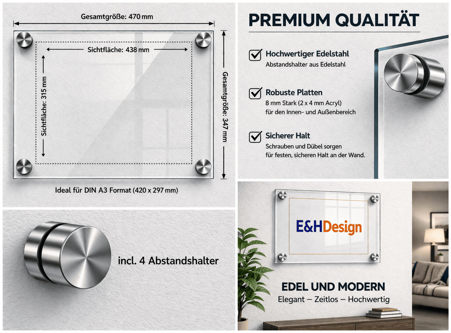 EHDesign  Tür & Wandschild aus transparentem Acrylglas 34.7 x 47 cm  Innenmaß Einlage 31,5 x 43,8 cm (ideal für DIN A3 - 29,7 x 42 cm), Abstandshalter silber