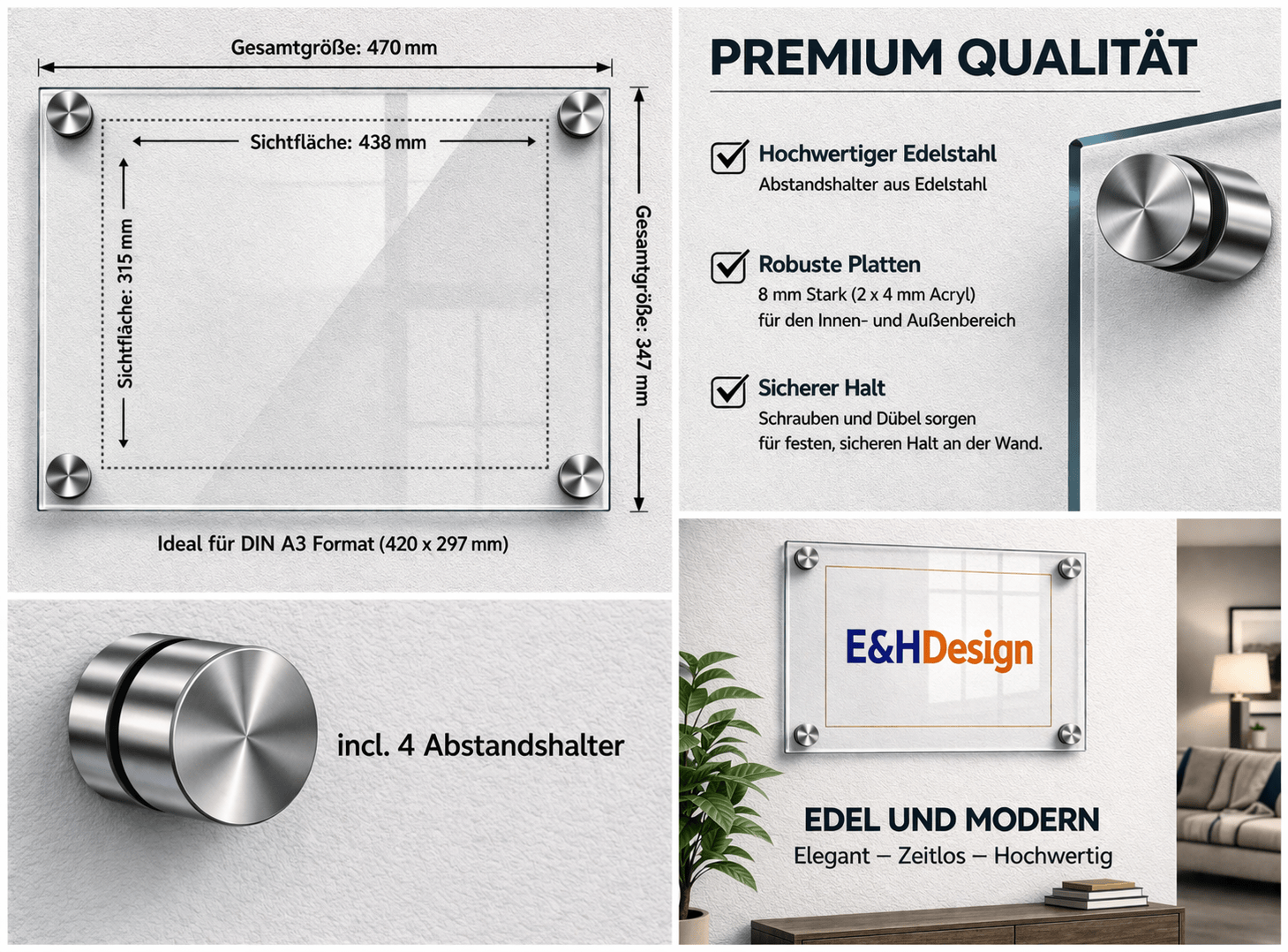 EHDesign  Tür & Wandschild aus transparentem Acrylglas 34.7 x 47 cm  Innenmaß Einlage 31,5 x 43,8 cm (ideal für DIN A3 - 29,7 x 42 cm), Abstandshalter silber