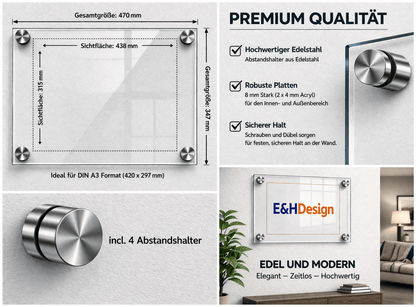 EHDesign  Tür & Wandschild aus transparentem Acrylglas 34.7 x 47 cm  Innenmaß Einlage 31,5 x 43,8 cm (ideal für DIN A3 - 29,7 x 42 cm), Abstandshalter silber
